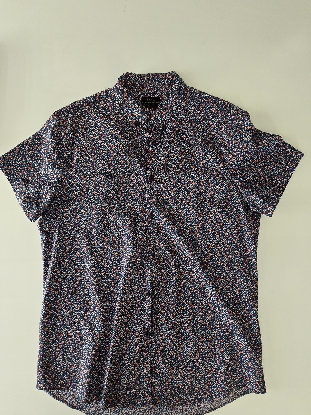 Zara Navy Short Sleeve Floral Button-Down Shirt